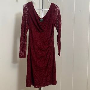 Ralph Lauren MAROON/Burgundy Long Sleeve Lace Cocktail Dress